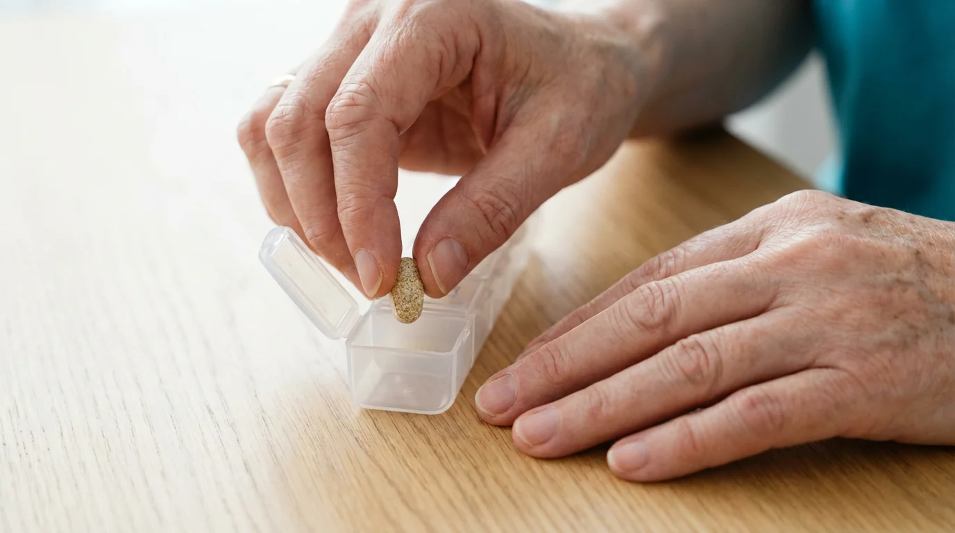 A caregiver's hand places a pill into a daily organizer for a senior.