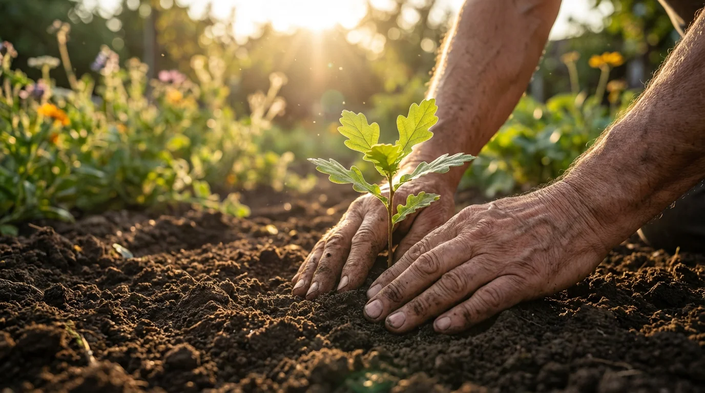 A close-up, low angle view of mature hands planting a small tree at sunset.