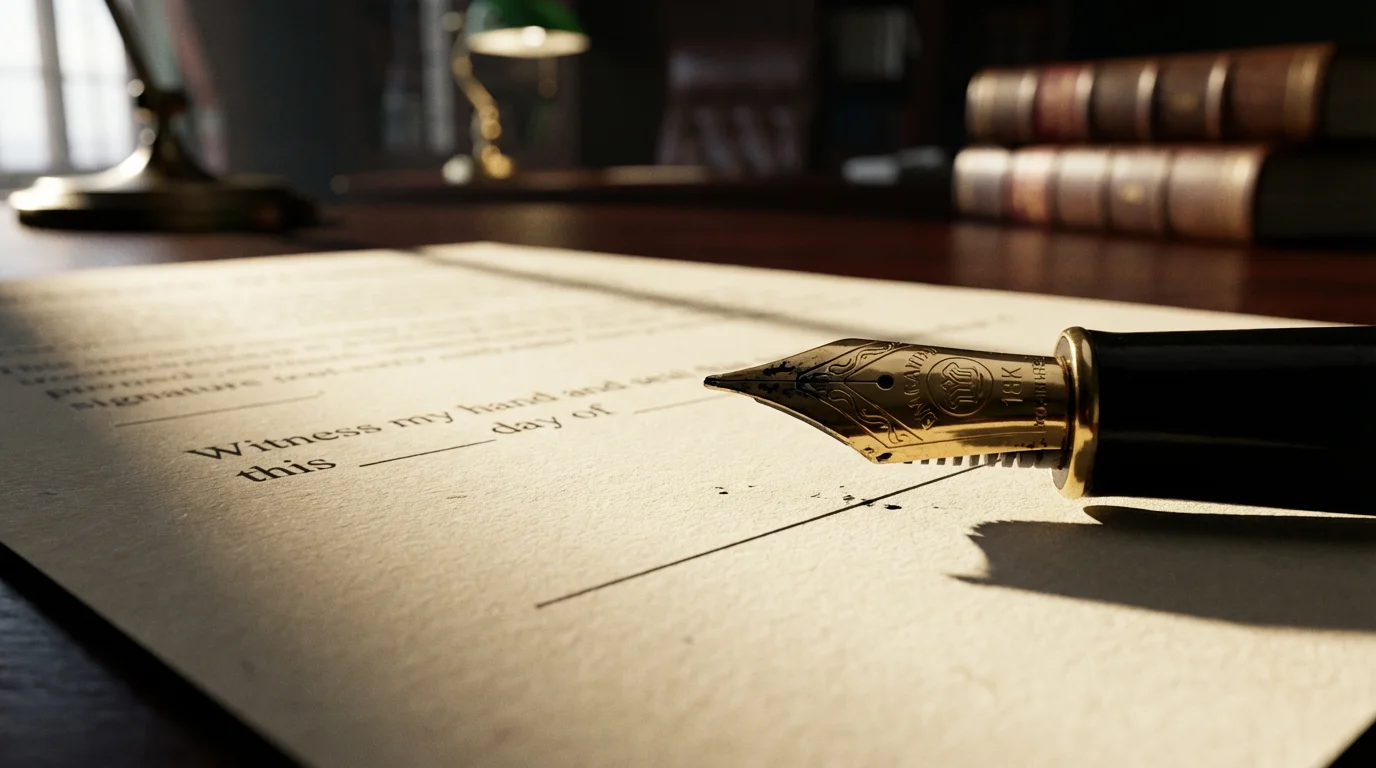 A close-up macro photo of a fountain pen nib on a formal document.