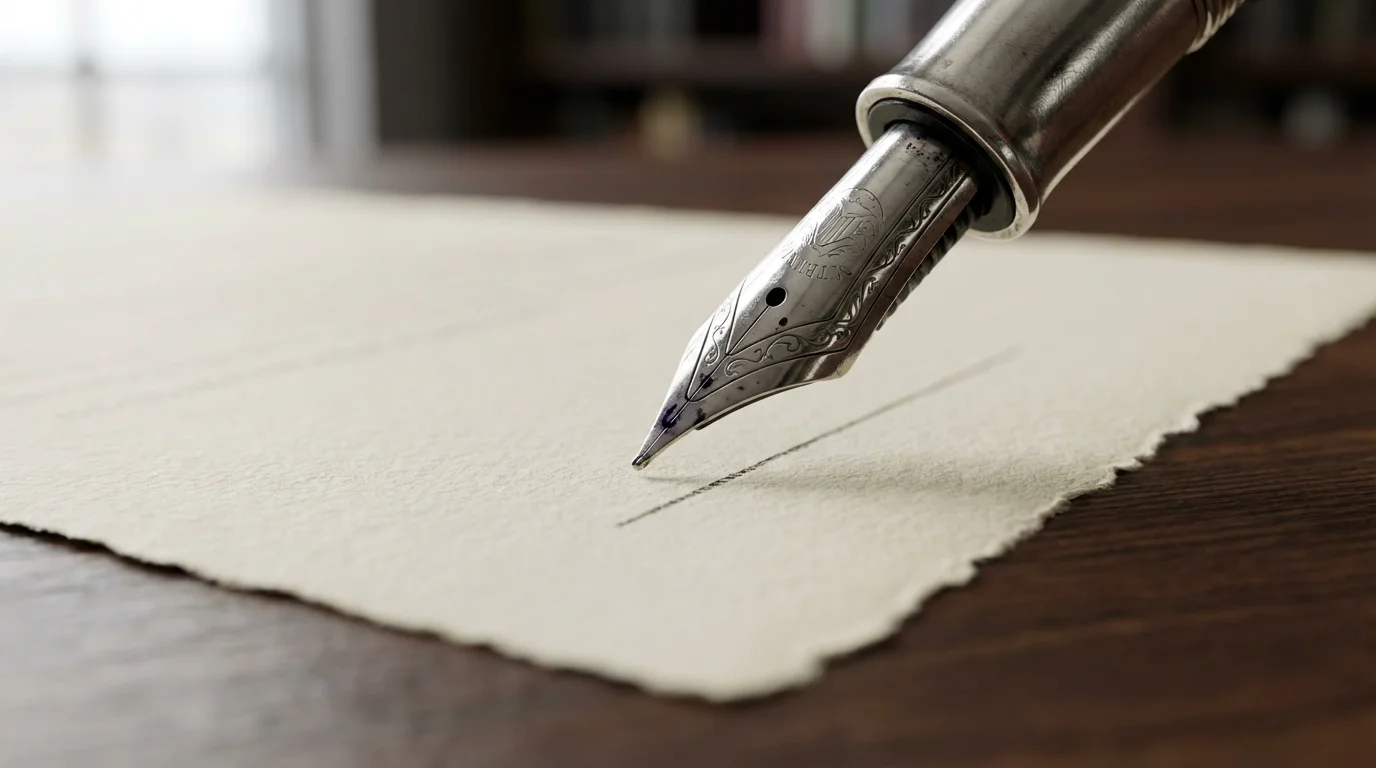 A close-up macro photo of a fountain pen poised to sign a formal document.