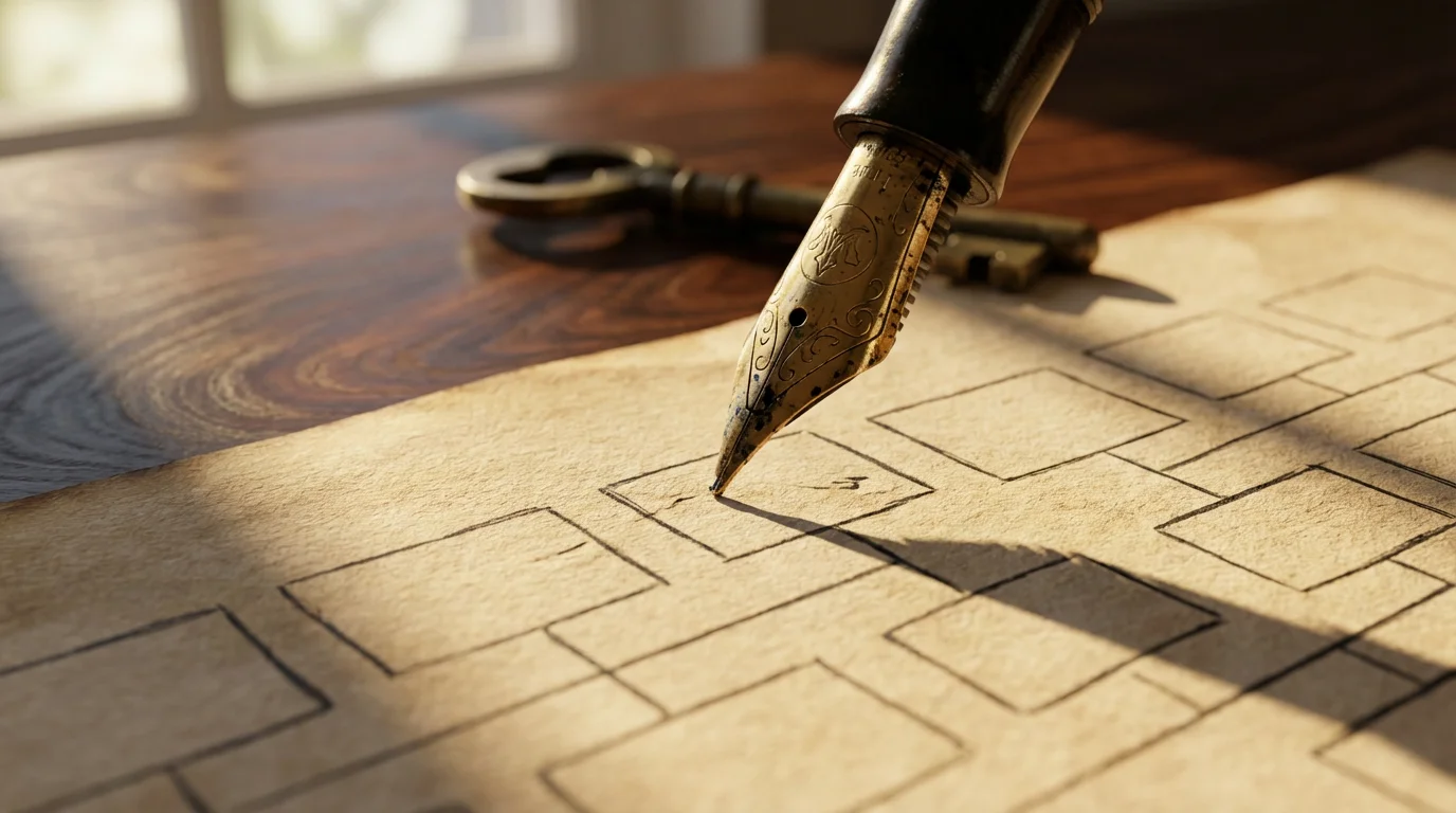 A close-up macro photo of a fountain pen poised over a blank family tree chart.