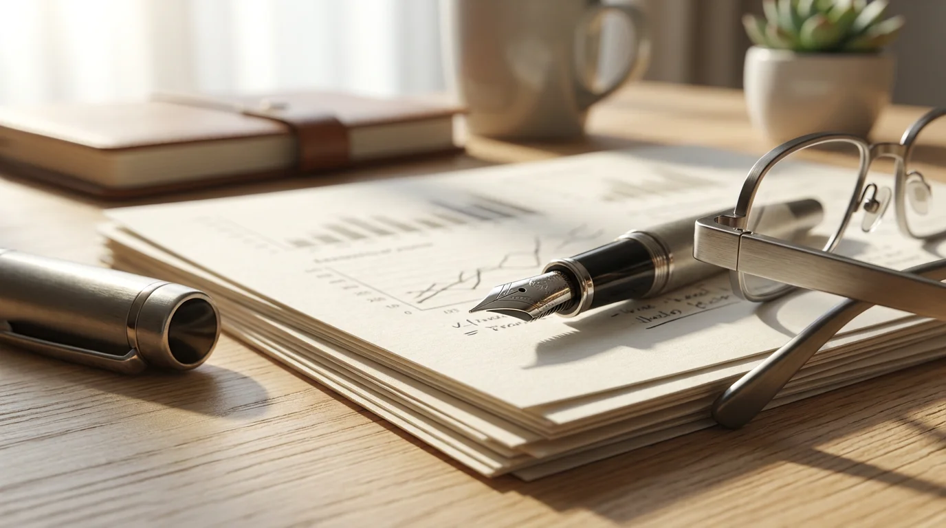 A close-up macro photo of a fountain pen and glasses on financial papers.