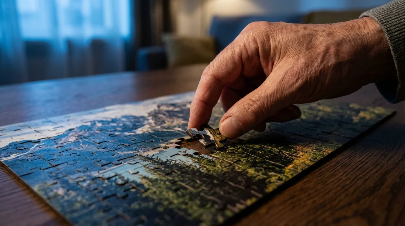A close-up macro photo of a hand placing a final jigsaw puzzle piece.