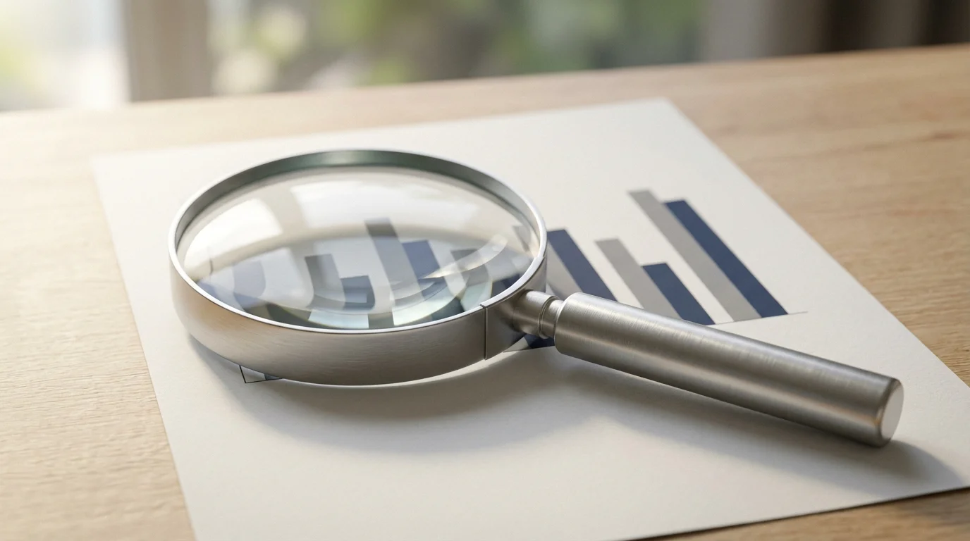 A close-up macro photo of a magnifying glass resting on an abstract bar chart.