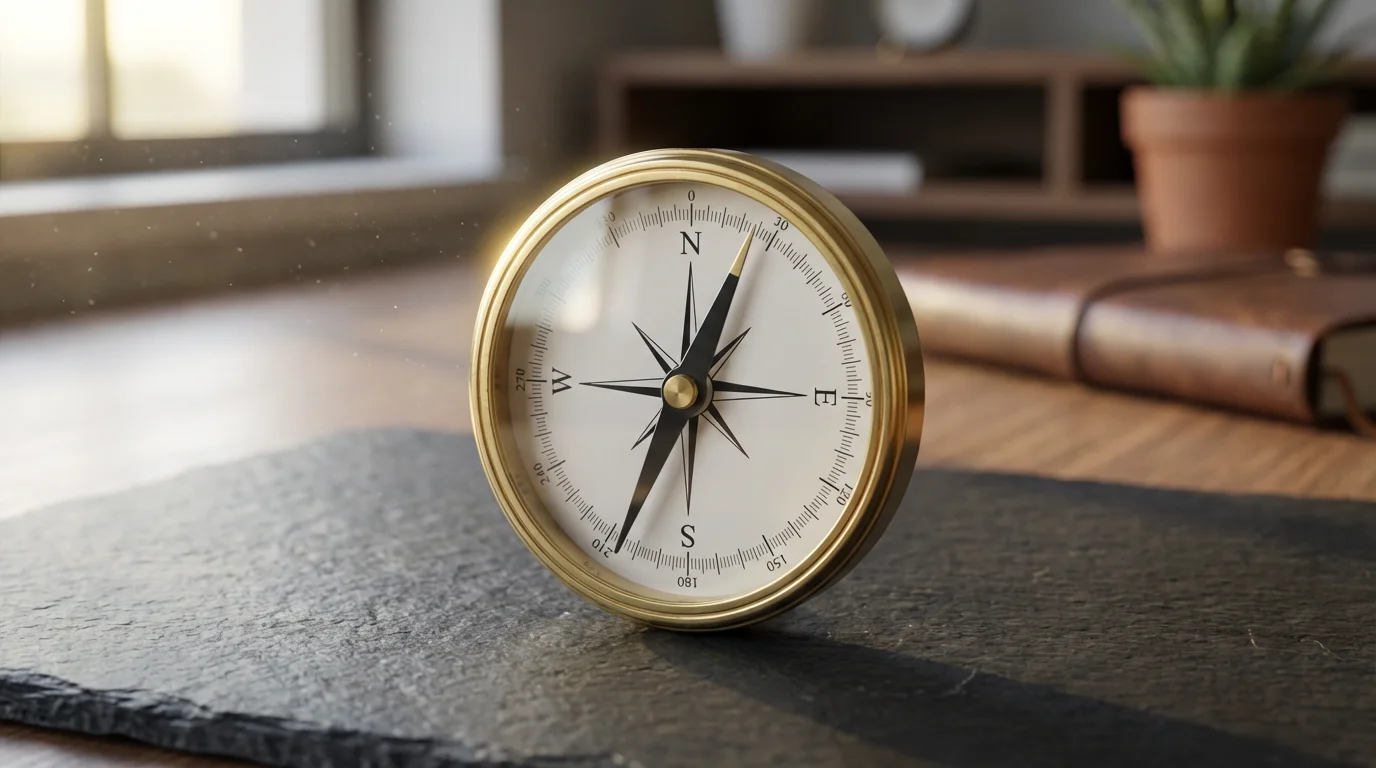 A close-up macro photo of a modern brass compass pointing in a clear direction.