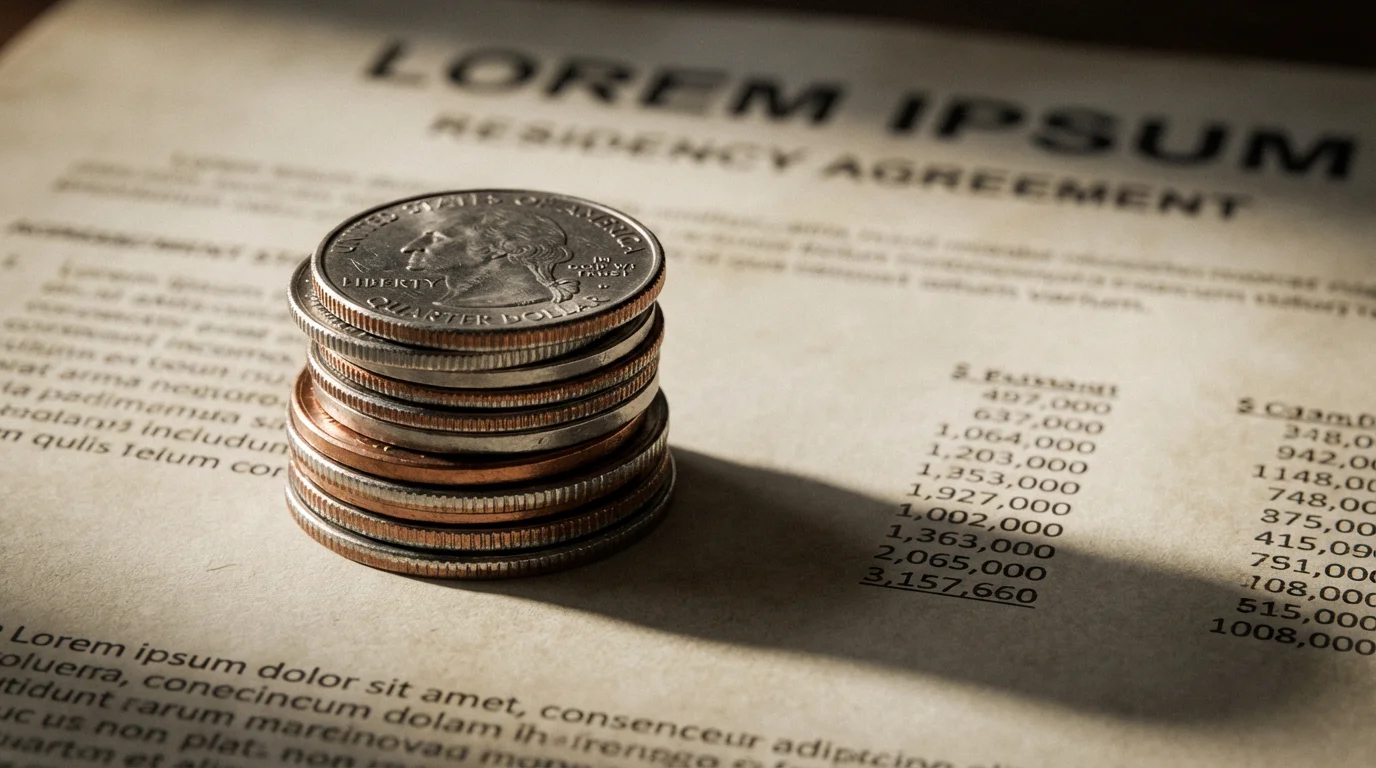 A close-up macro photo of a stack of coins casting a shadow on a contract.