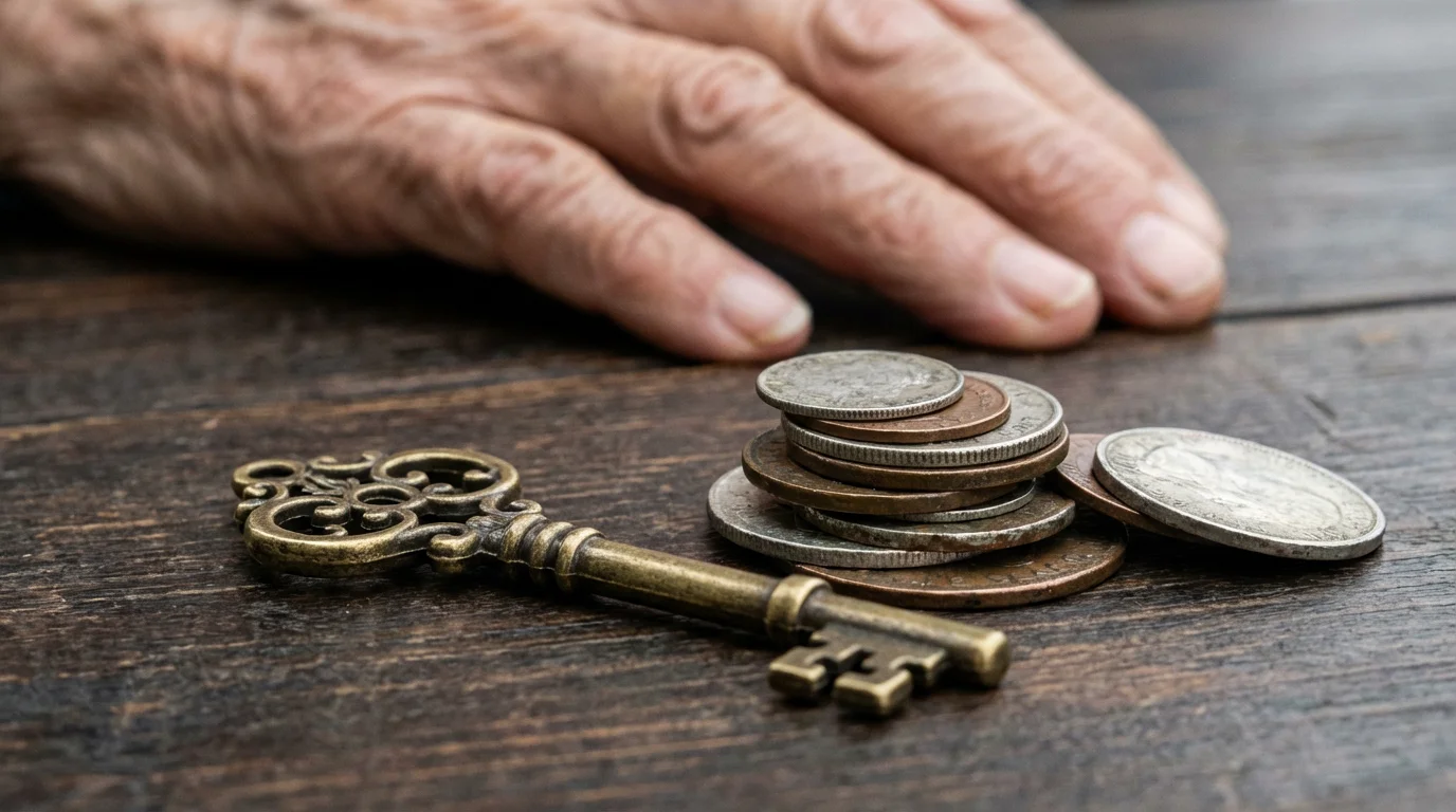 A close-up macro photo of a vintage key and a stack of coins.