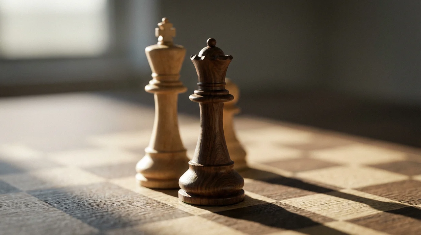 A close-up macro photo of a wooden queen chess piece protecting a king piece.