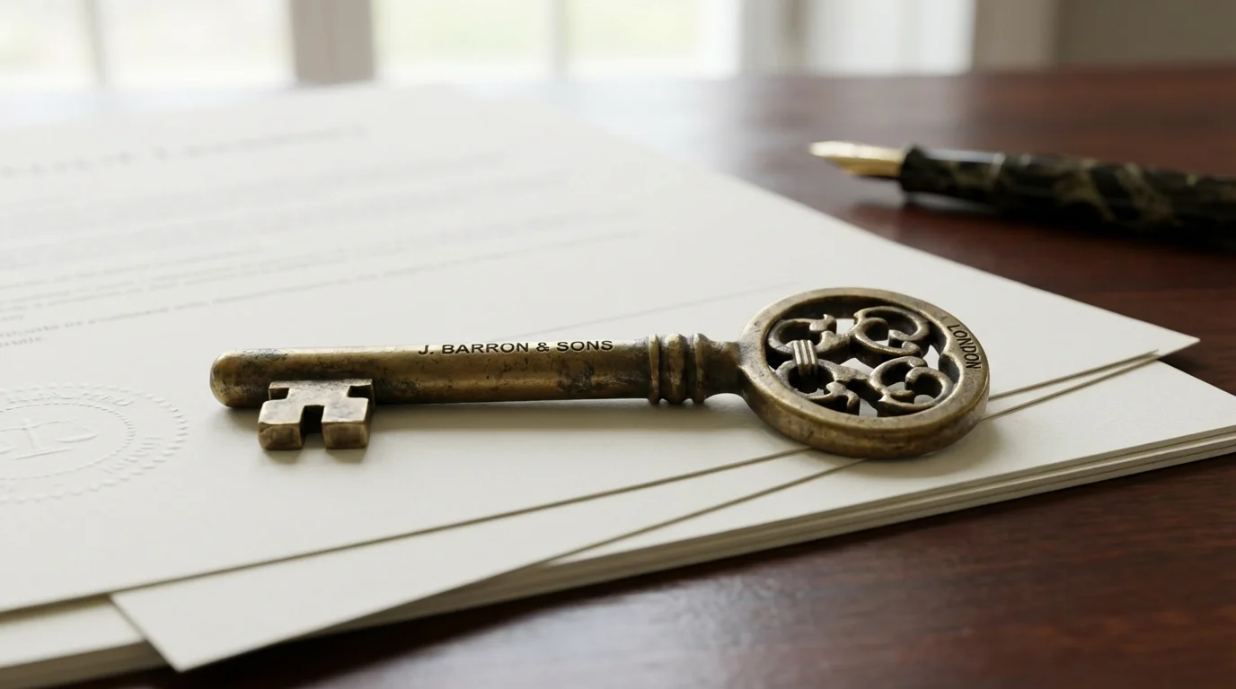 A close-up macro photo of an antique brass key on legal documents.