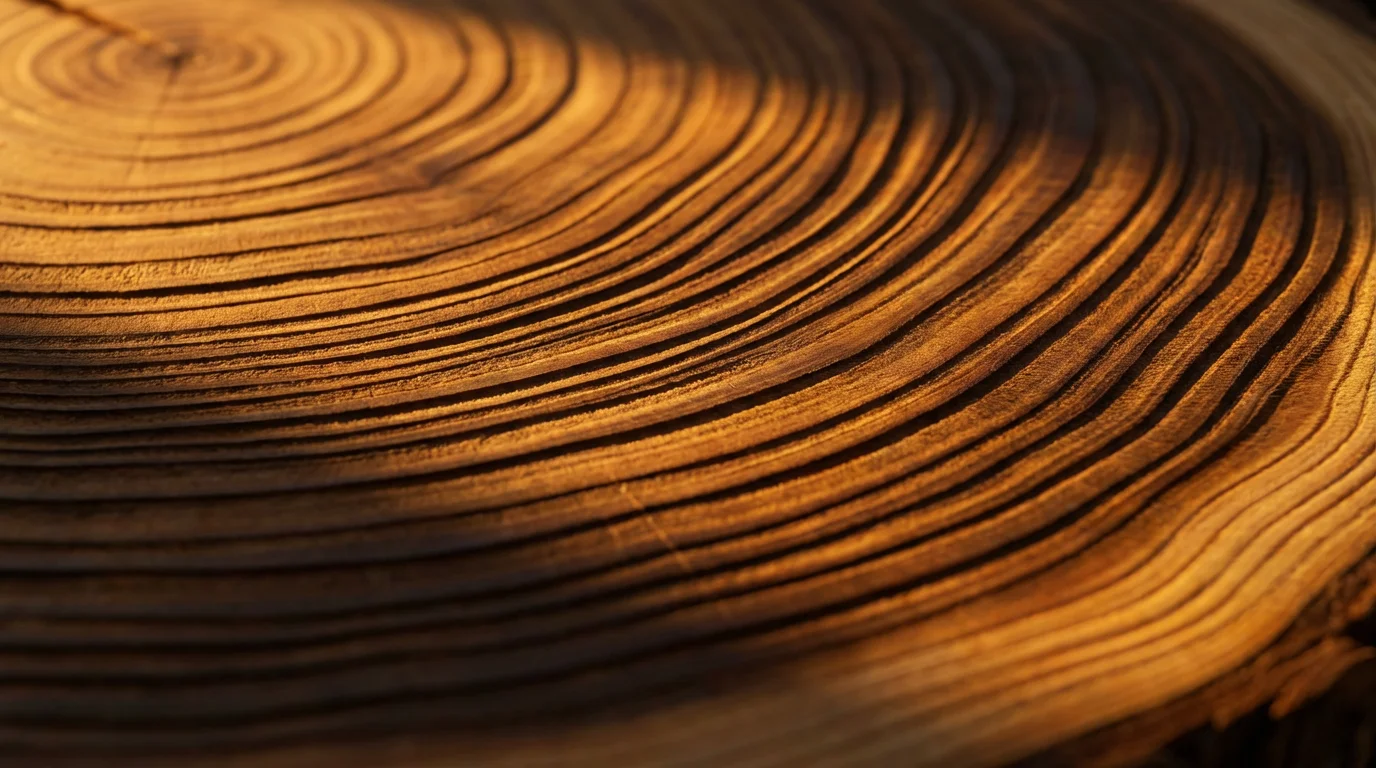 A close-up macro photo of tree rings glowing in warm golden hour light.