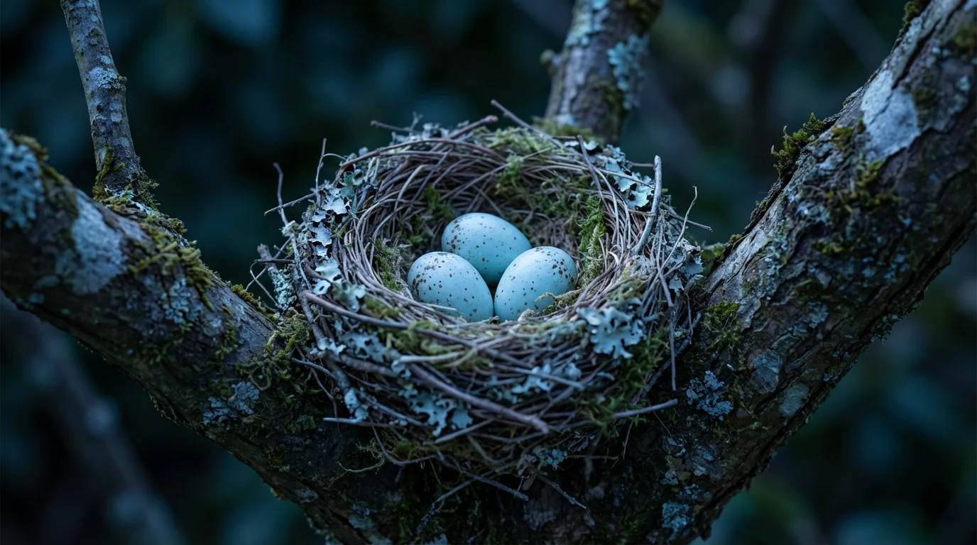 A close-up macro photograph of a bird's nest holding three small speckled eggs at twilight.