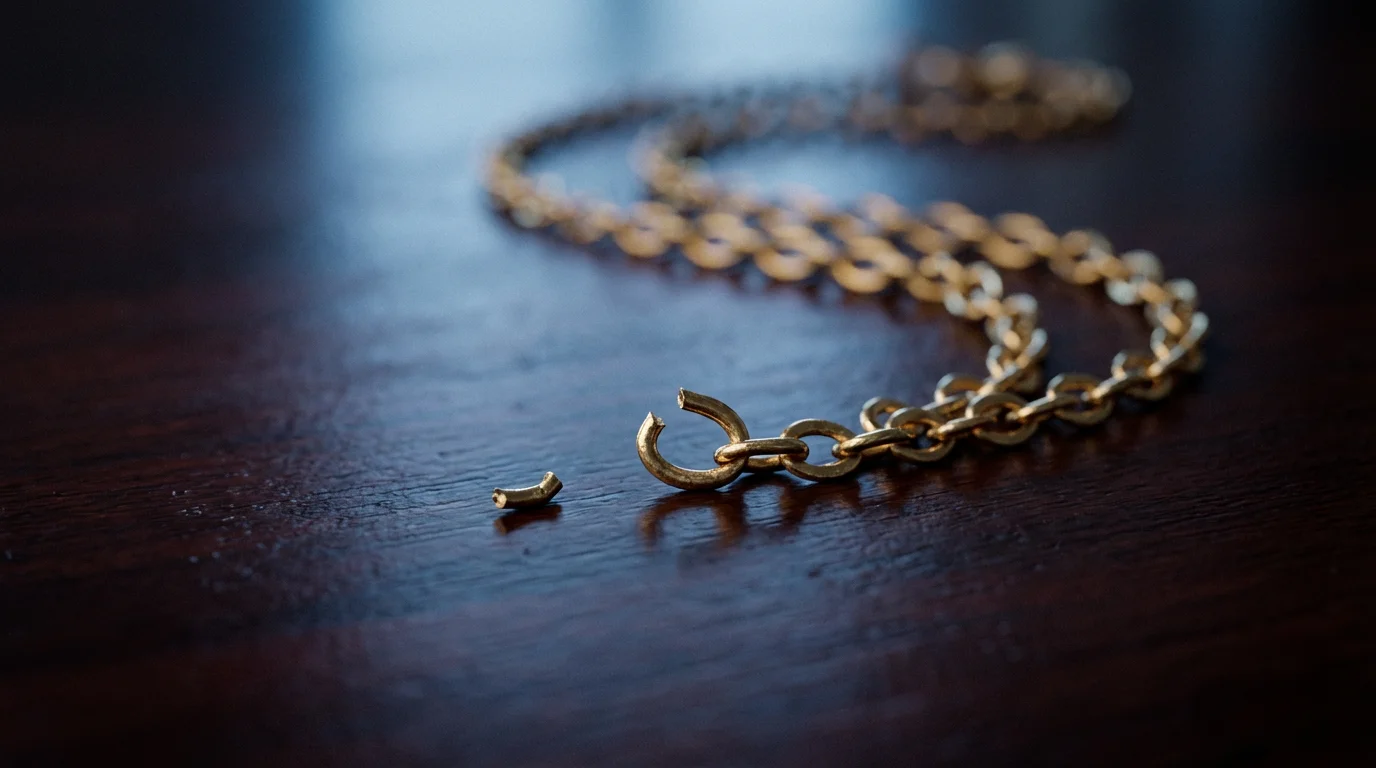 A close-up macro photograph of a broken gold chain link during blue hour.