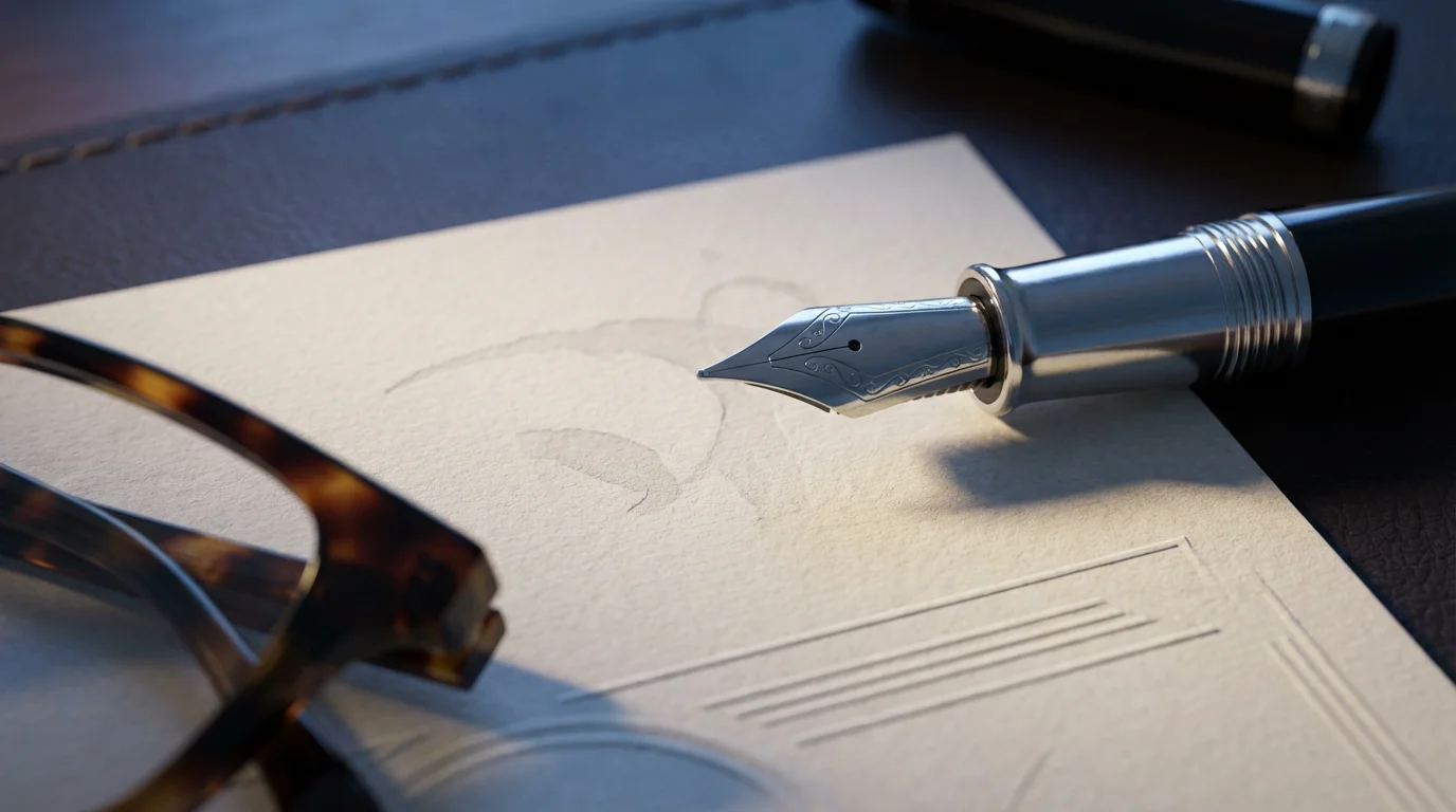 A close-up macro photograph of a fountain pen nib resting on a formal document.