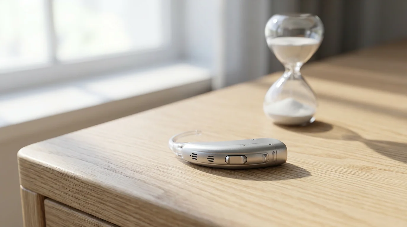A close-up macro photograph of a modern hearing aid on a wooden table.