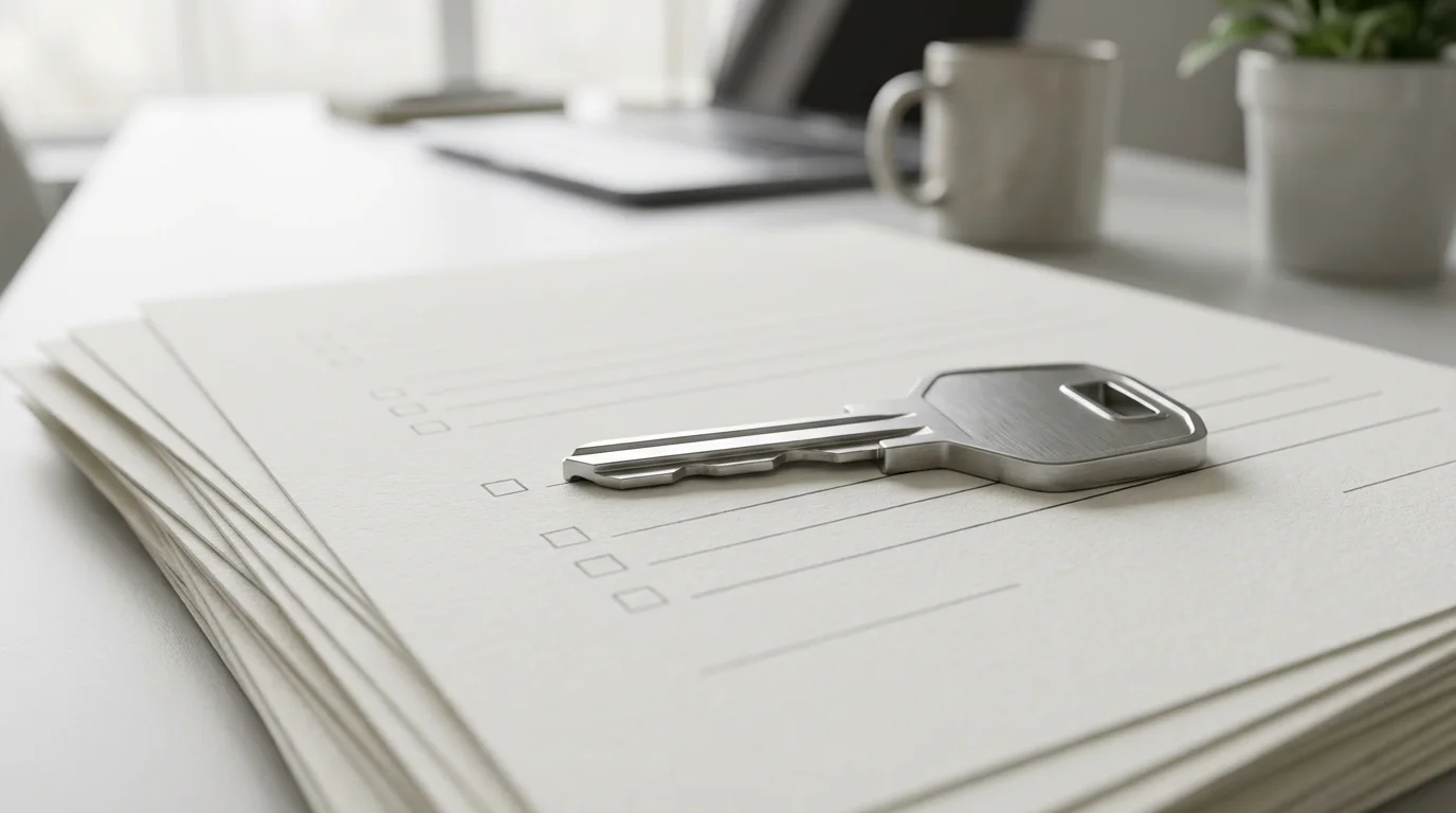 A close-up macro photograph of a silver key resting on a stack of blank forms.