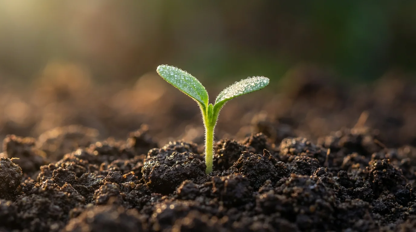 A close-up macro photograph of a tiny seedling with dew drops emerging from soil.