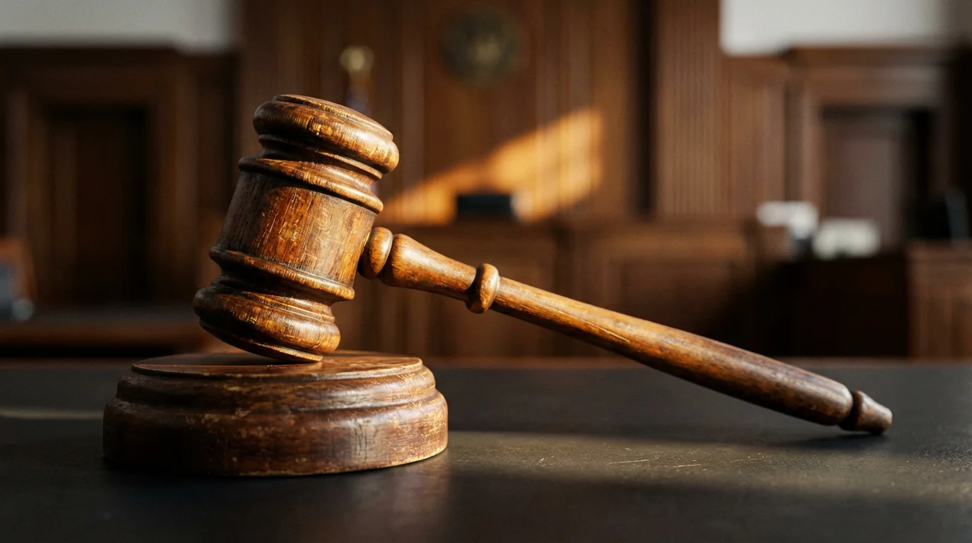 A close-up macro photograph of a wooden judge's gavel in warm golden light.