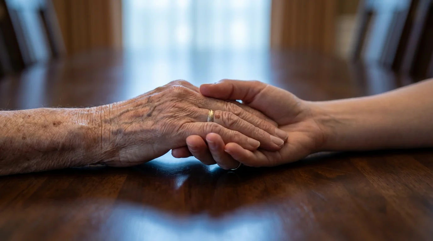 A close-up macro photograph of an elderly hand resting trustingly on a younger hand.