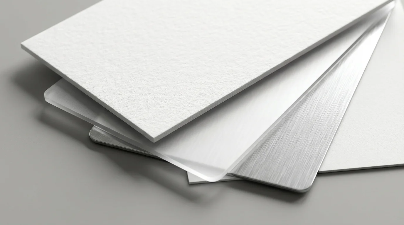 A close-up macro photograph of layered cards made of different materials like paper and metal.