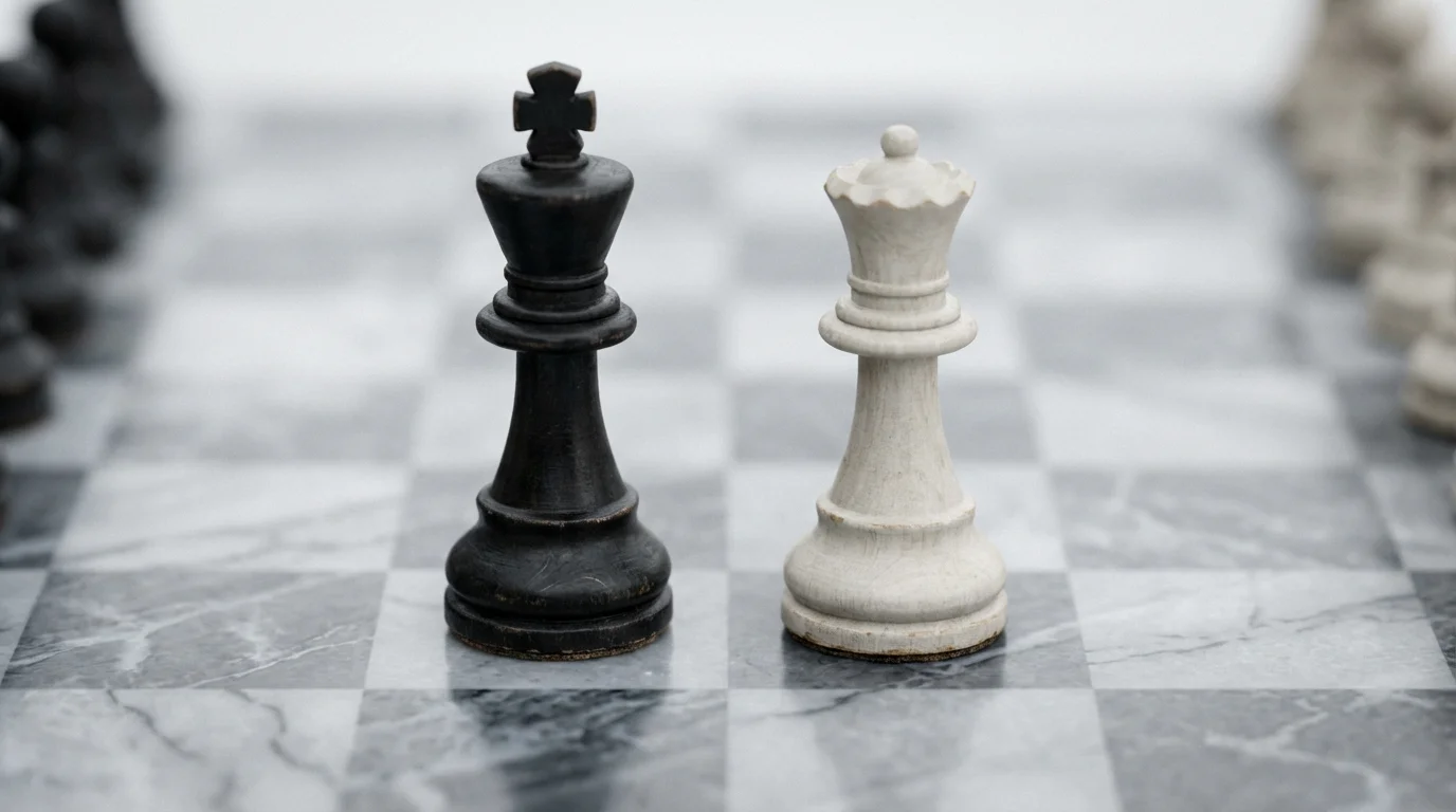 A close-up of a black king and a white queen chess piece sharing one square.