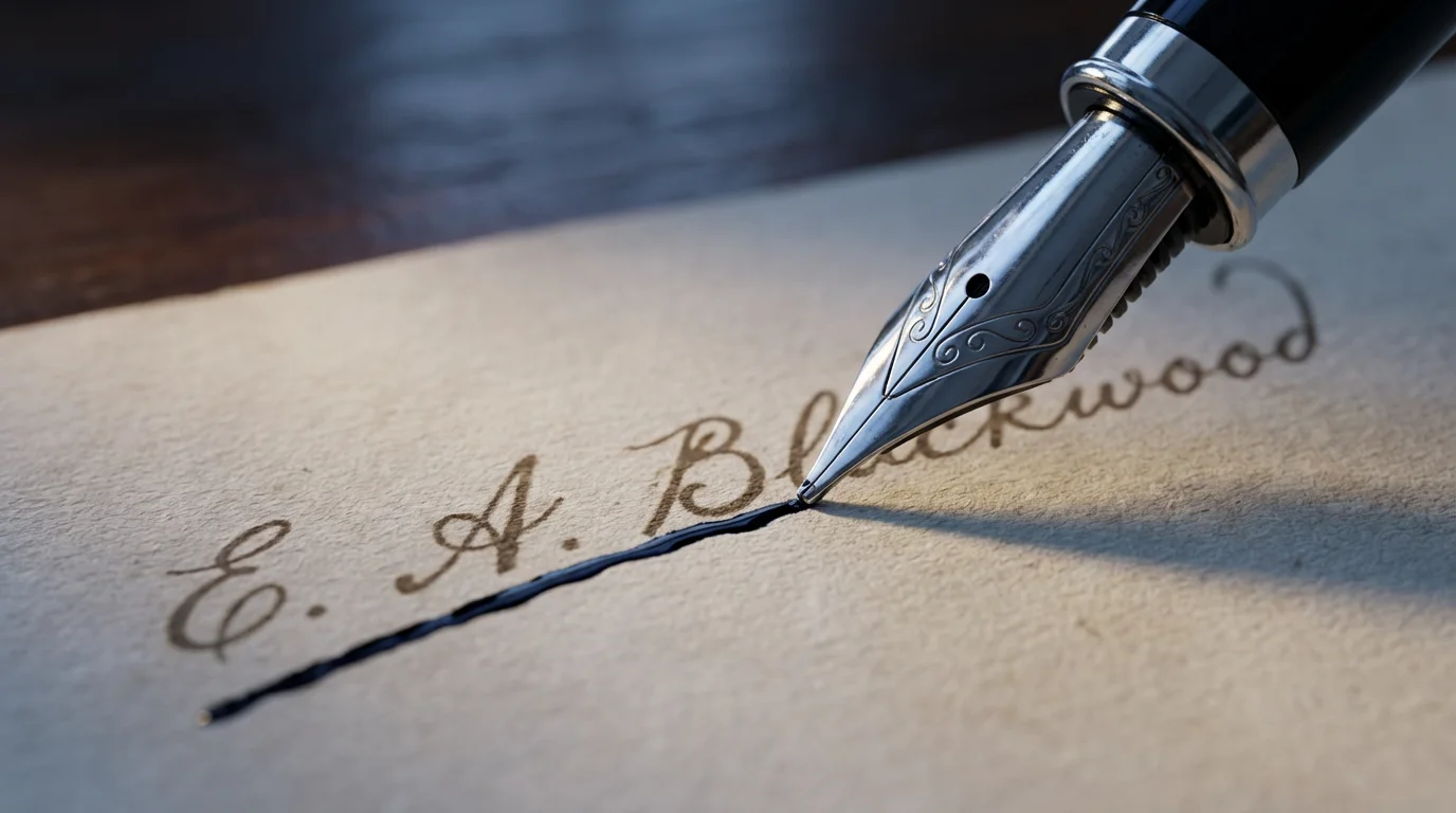 A close-up of a fountain pen crossing out a signature on a legal document.
