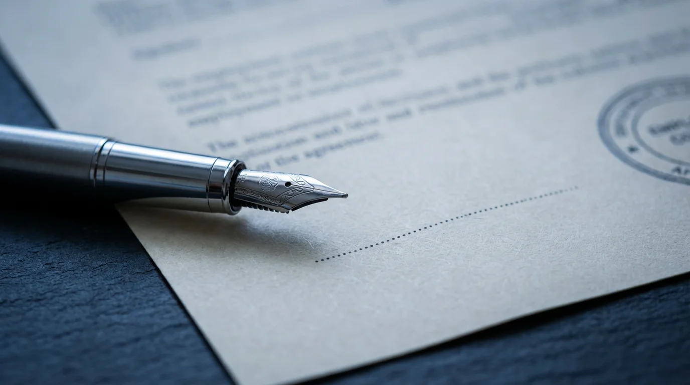 A close-up of a fountain pen resting on a formal, unreadable contract.