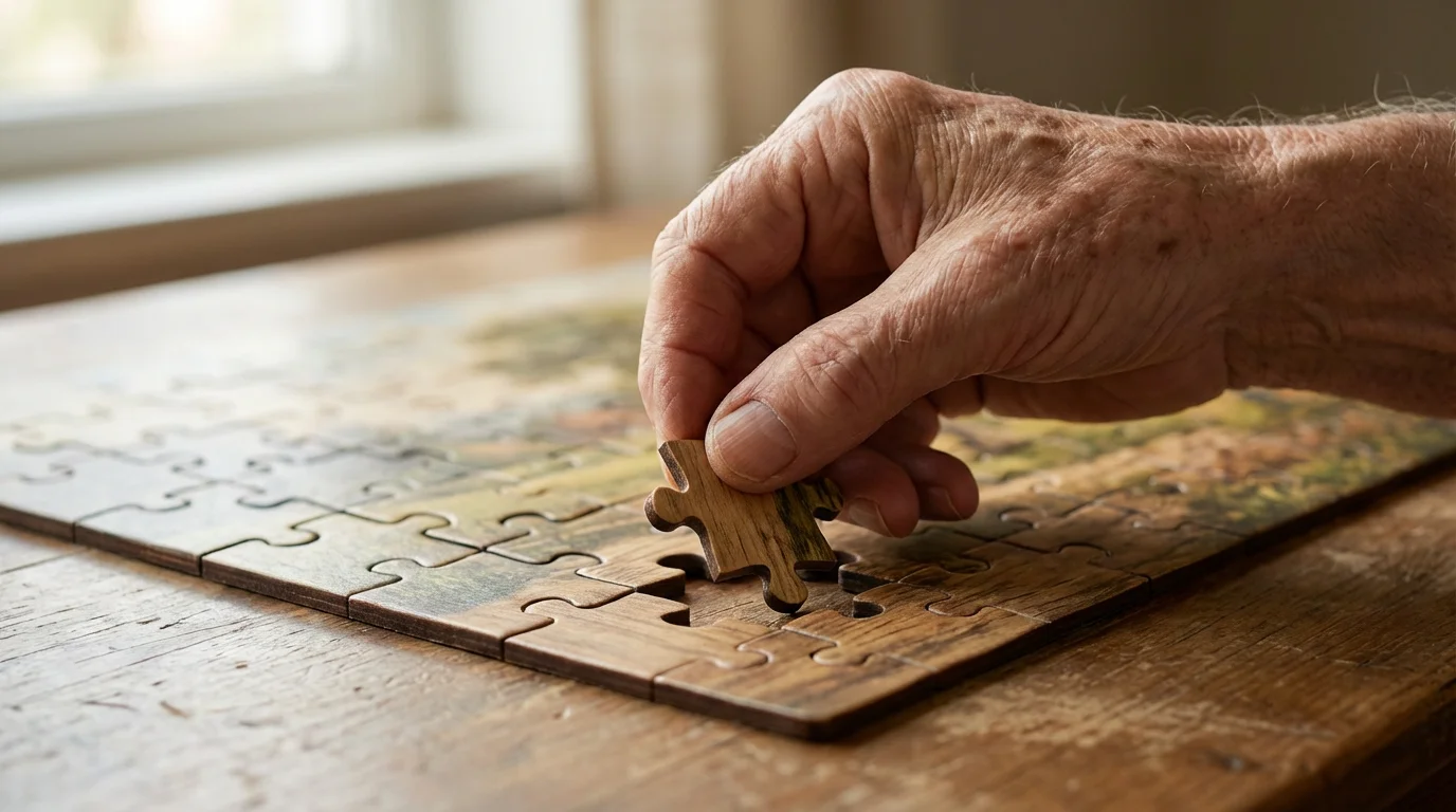 A close-up of a hand placing the final piece into a wooden jigsaw puzzle.