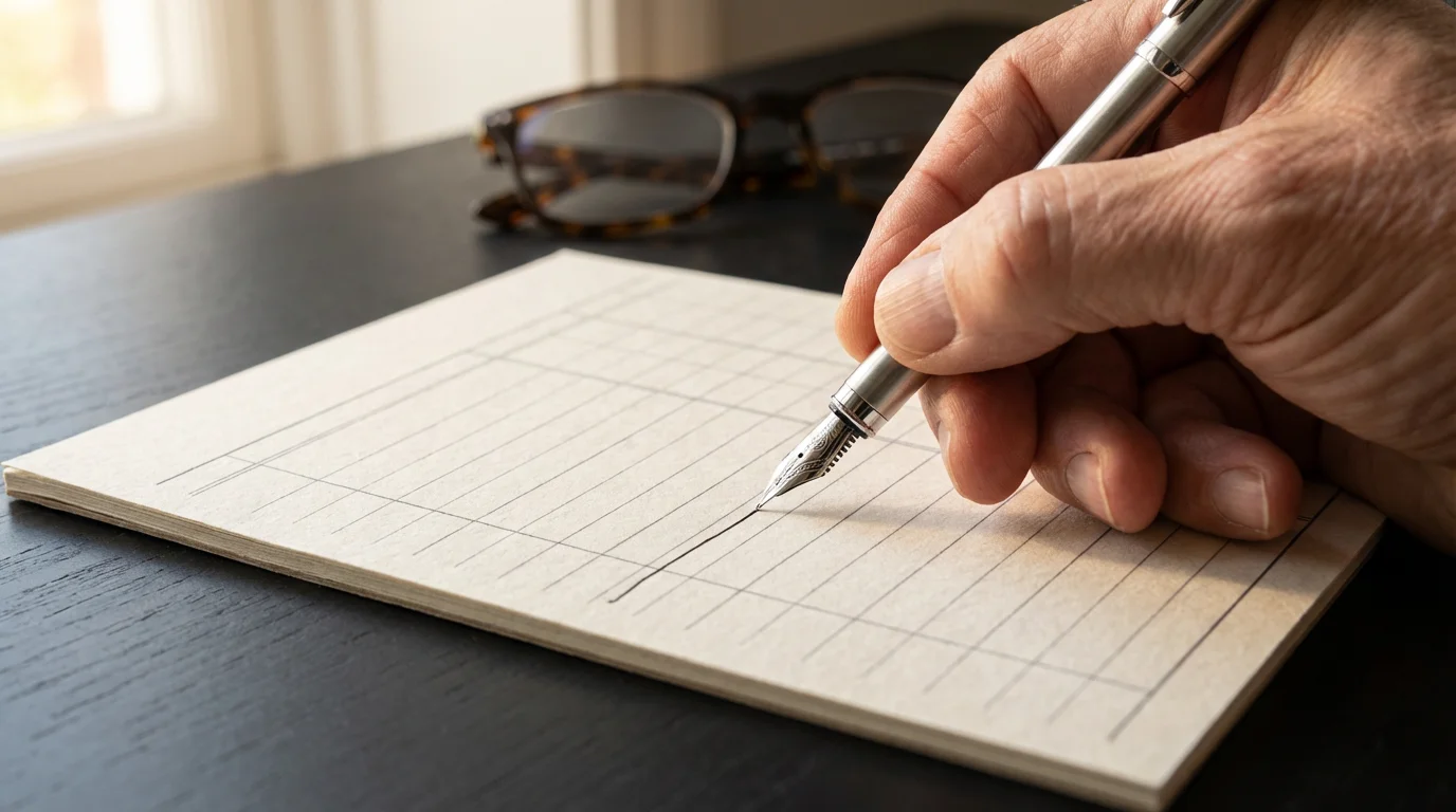 A close-up of a hand using a fountain pen to review a financial document.
