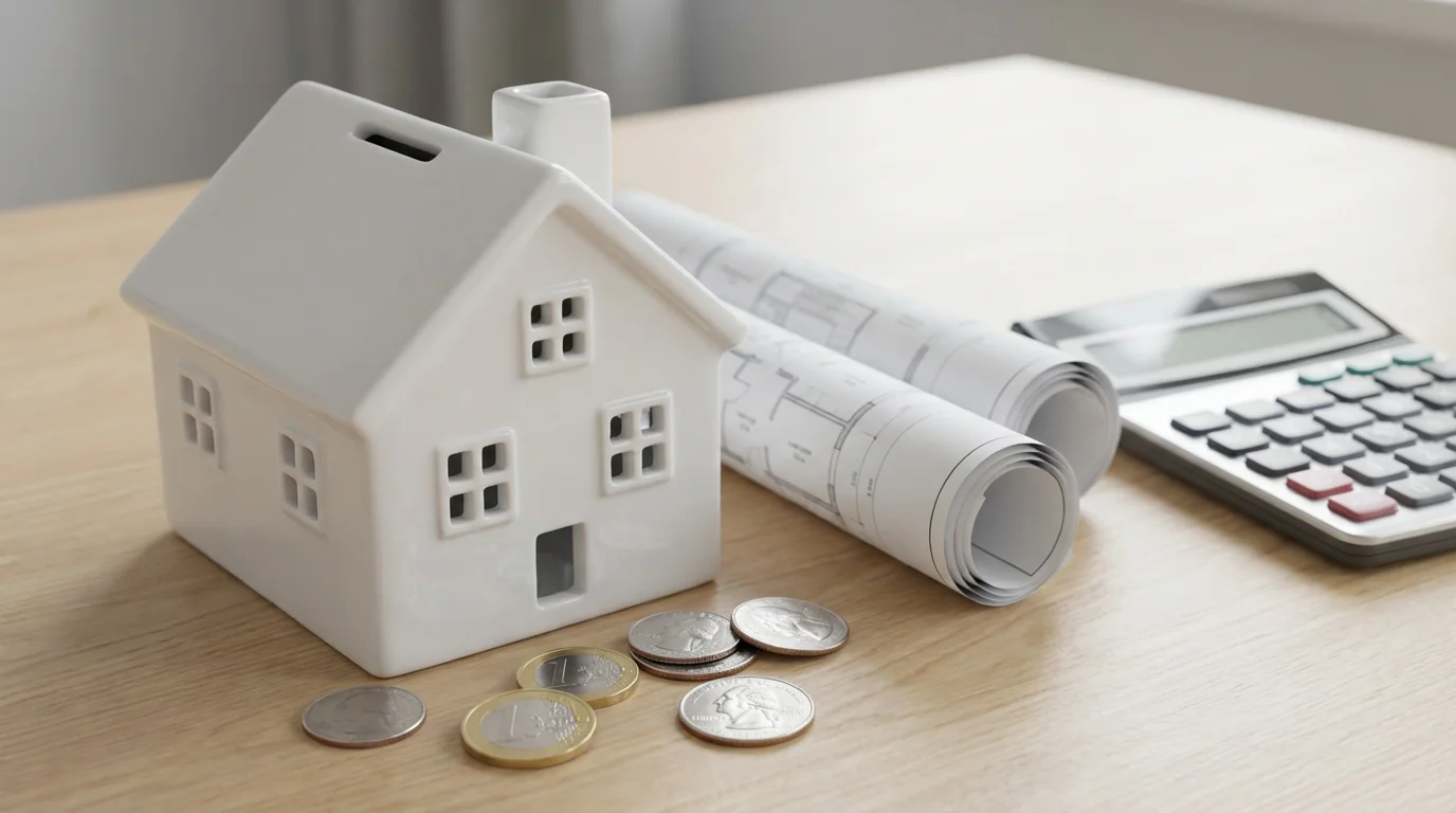 A close-up of a house-shaped piggy bank, blueprints, and a calculator for ADU financial planning.