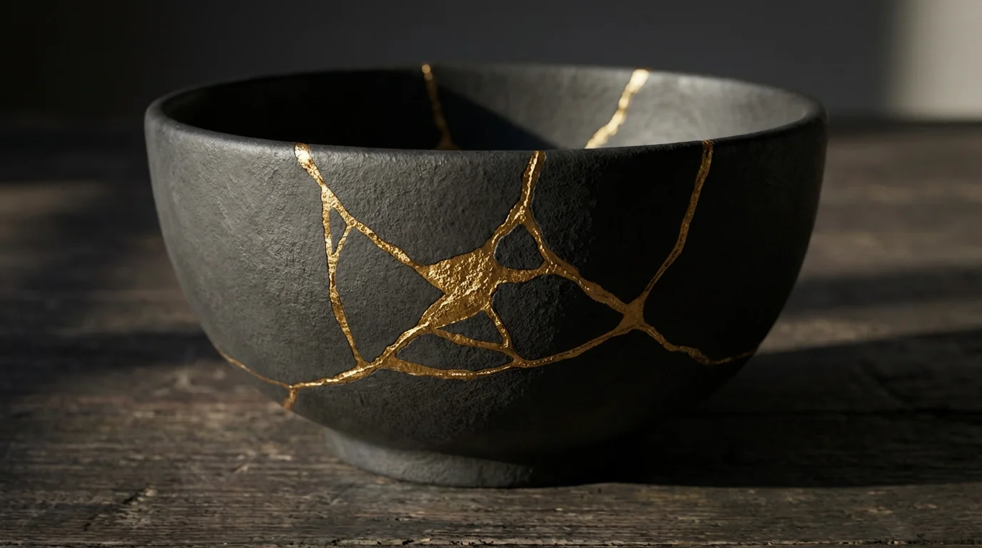 A close-up of a Kintsugi bowl with golden repairs, symbolizing valuable late-stage planning.