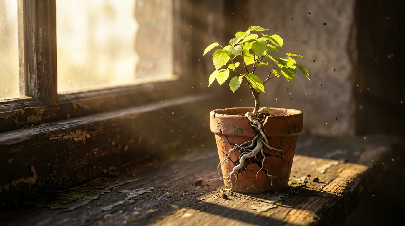 A close-up of a small plant sapling with its roots cracking a tiny pot.
