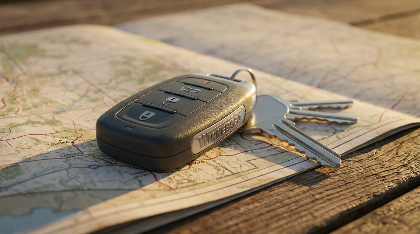 A close-up of RV keys resting on a folded paper road map at sunset.