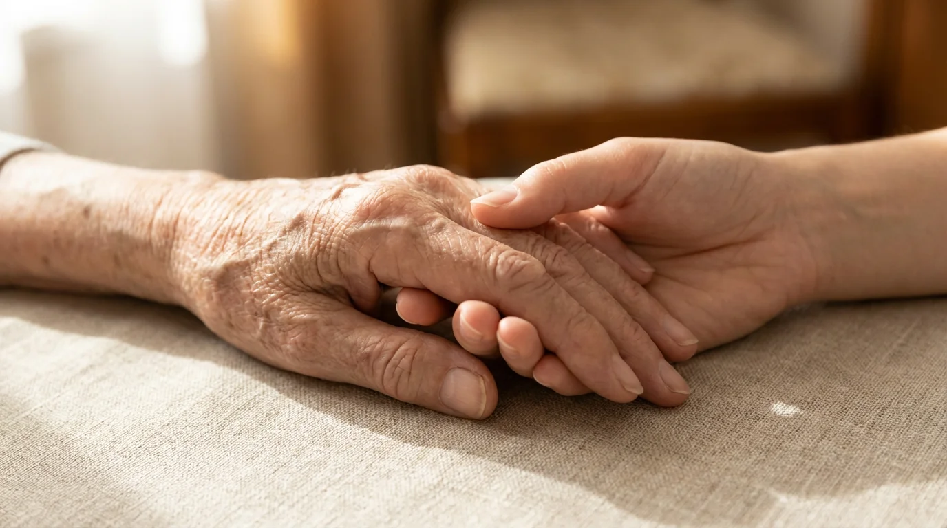 A close-up photo of a younger hand gently holding an elderly person's wrinkled hand.