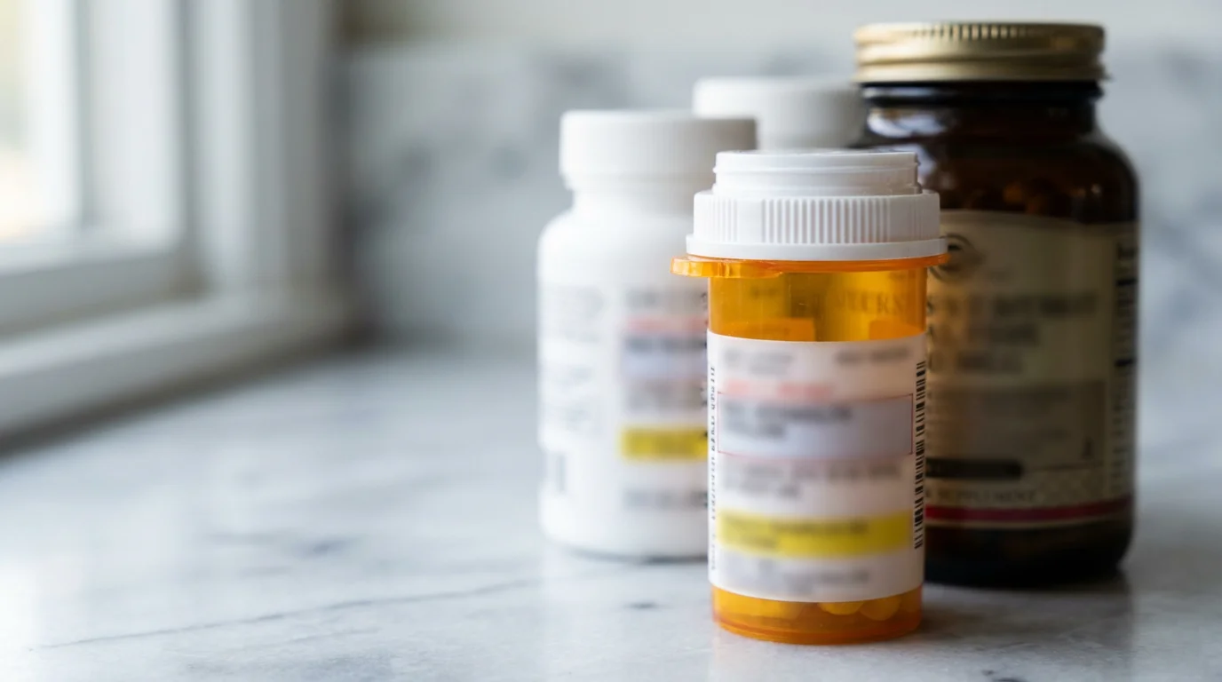 A close-up photograph of various medication and supplement bottles on a marble surface.