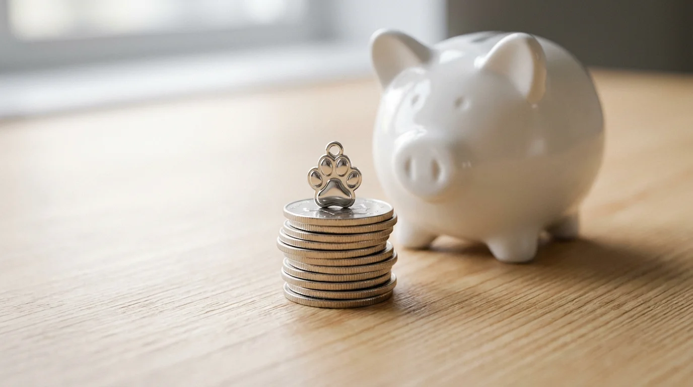 A close-up shot of coins and a paw print charm next to a piggy bank.