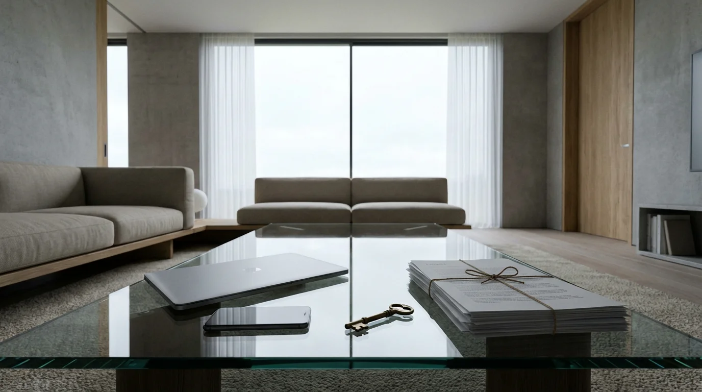 A closed laptop and phone next to legal documents on a coffee table in a quiet room.