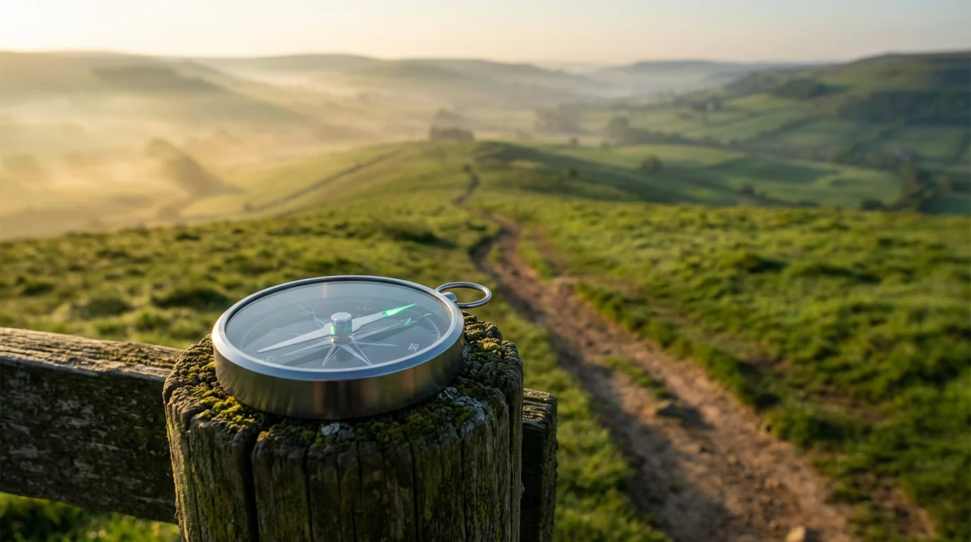 A compass on a trail marker points down a path through a hilly landscape.