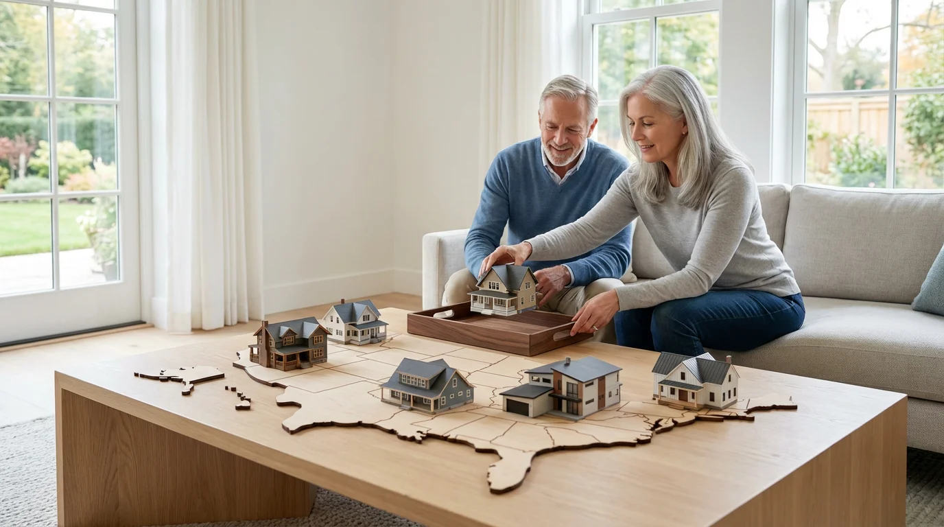 A couple consolidates miniature house models from a map onto a single tray.