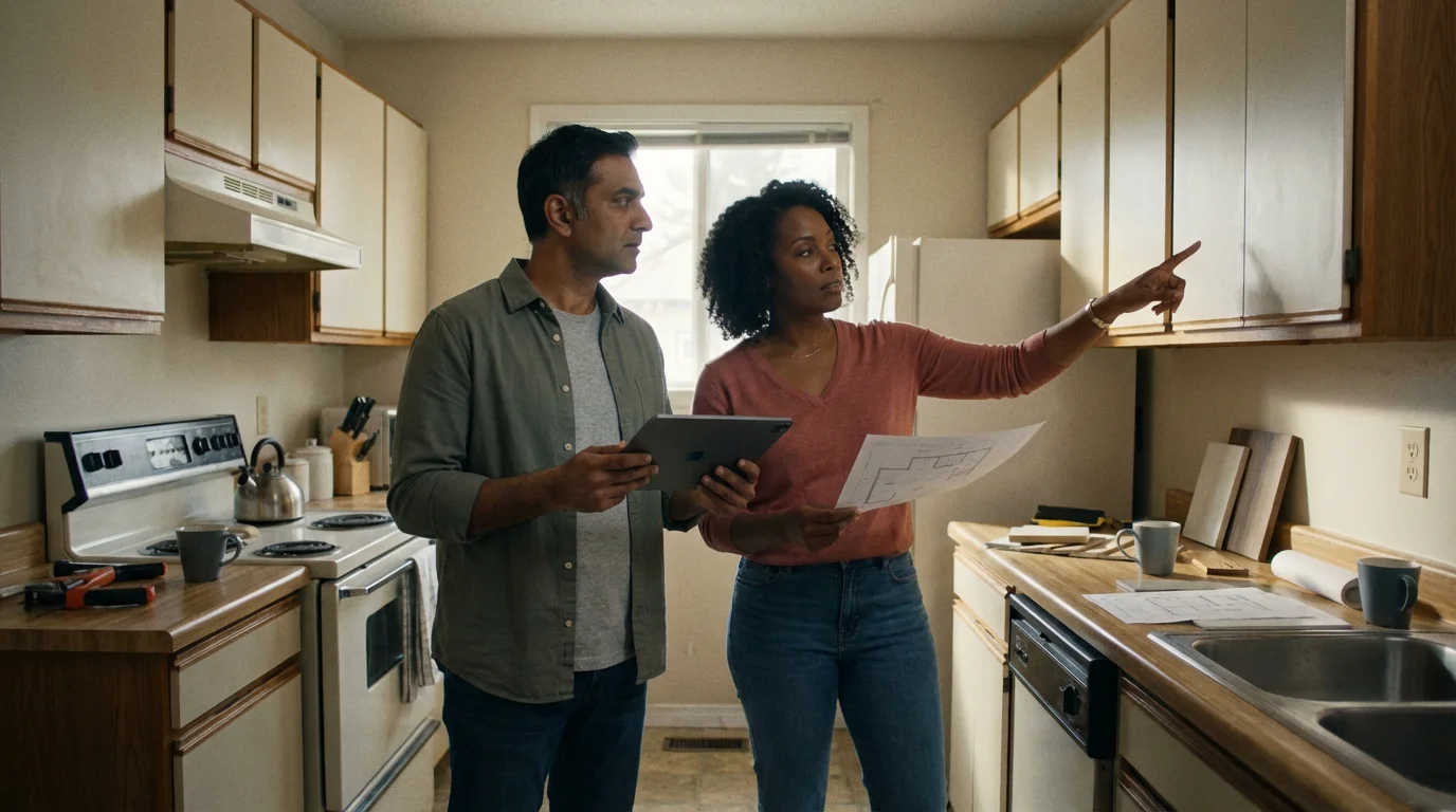 A couple with blueprints and a tablet collaboratively planning a universal design kitchen renovation.