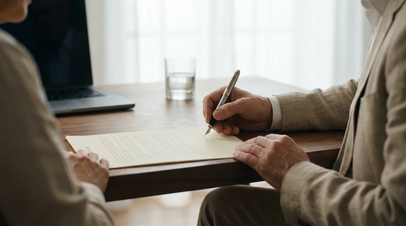 A couple's hands on a legal document, one poised to sign, symbolizing joint ownership.