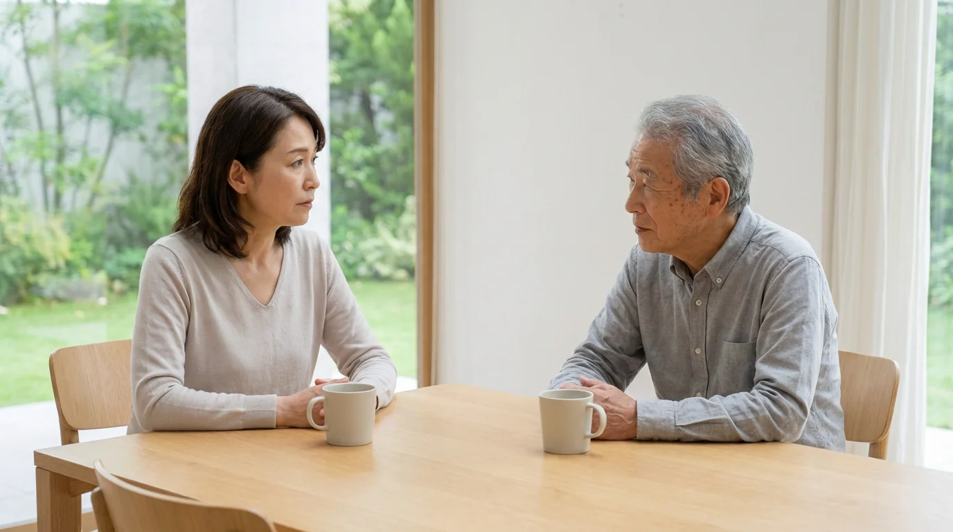 A daughter listens intently to her elderly father during a quiet conversation at home.