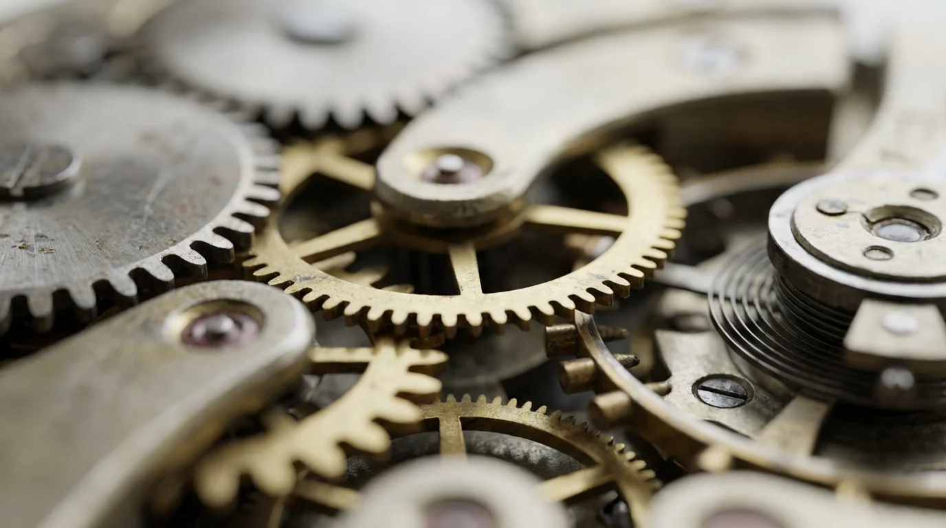 A detailed close-up macro photograph of interlocking metal gears inside a vintage clock.