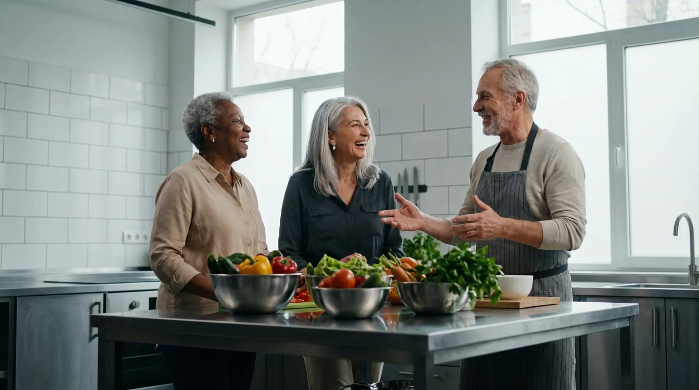 A diverse group of happy seniors enjoying a social cooking class together.
