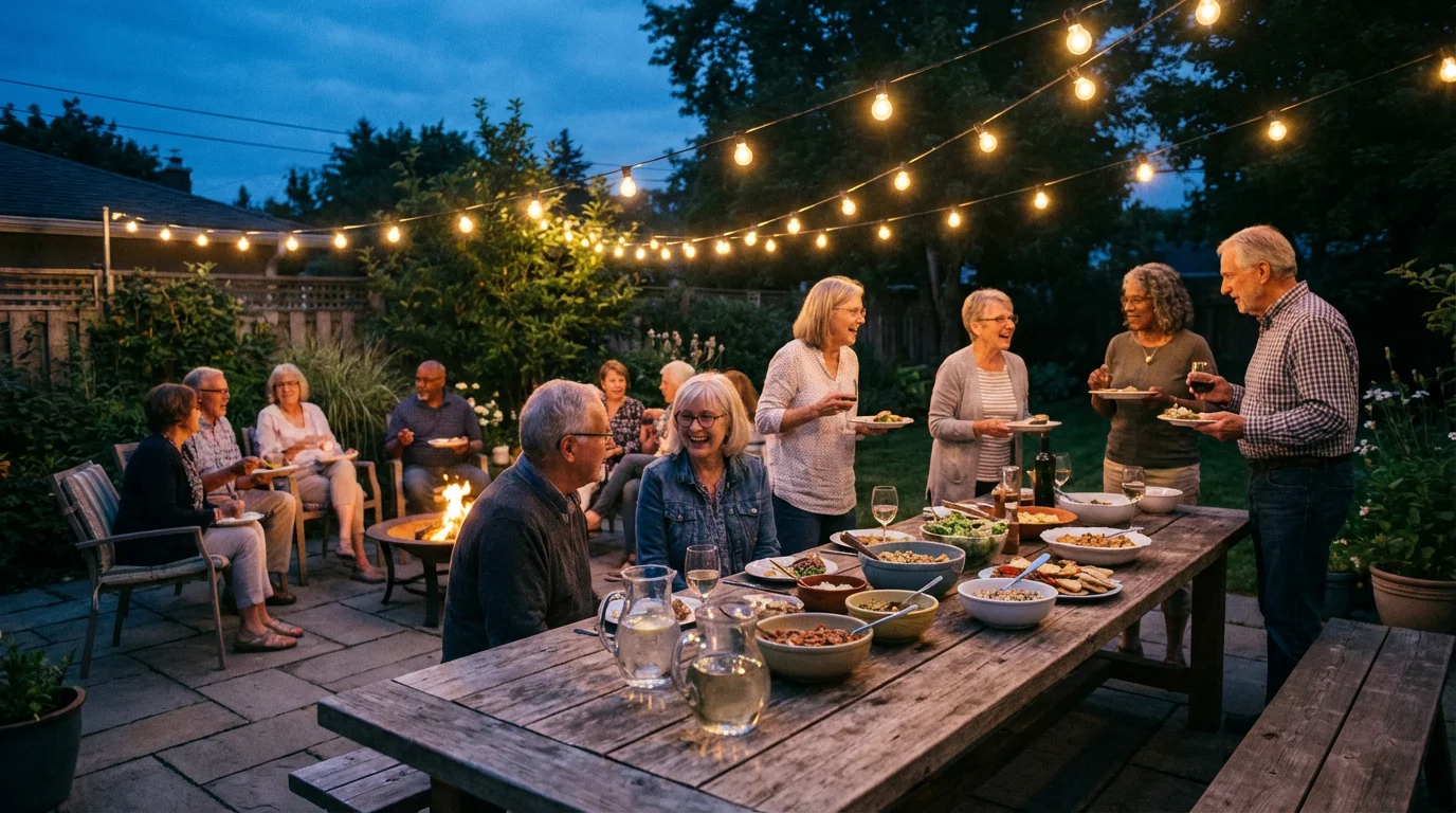 A diverse group of senior friends enjoying a backyard potluck dinner at dusk.