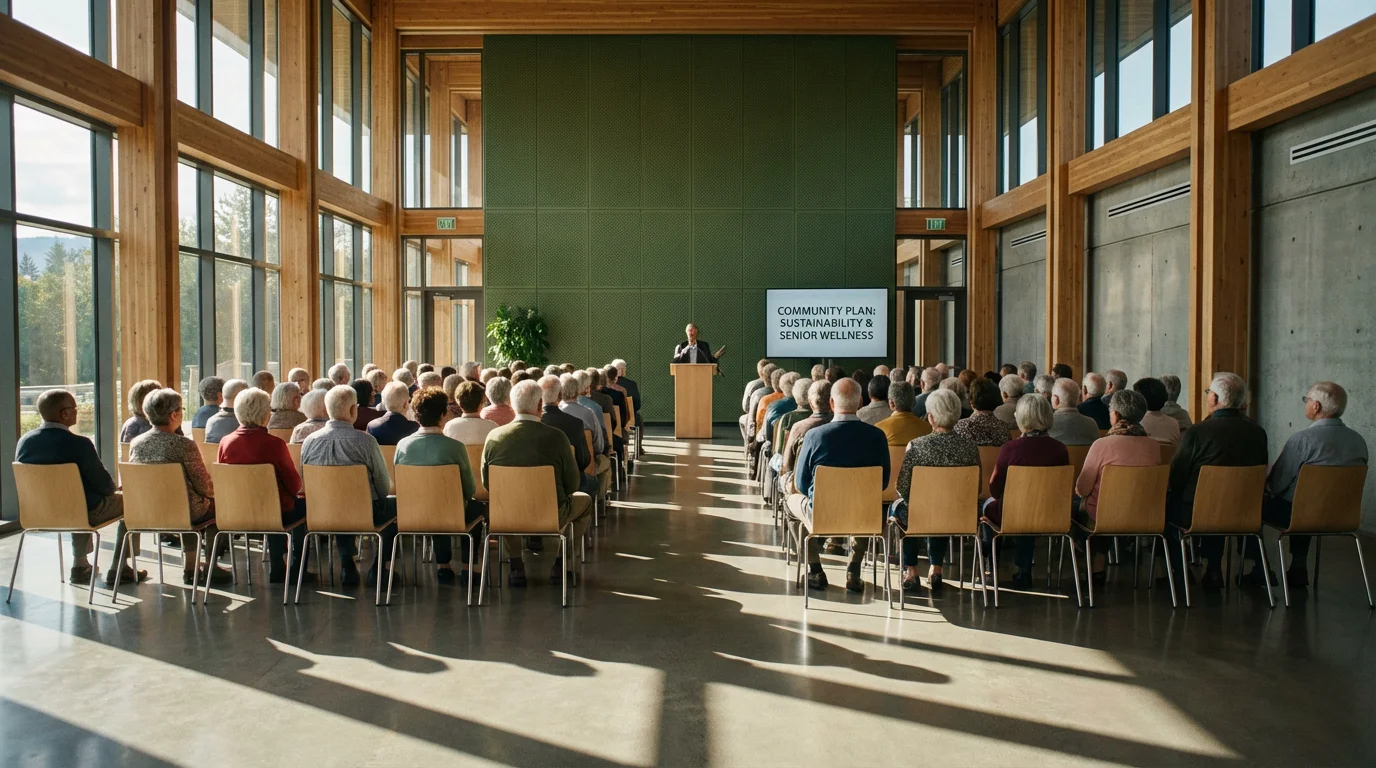 A diverse group of seniors attentively seated at a community council meeting.