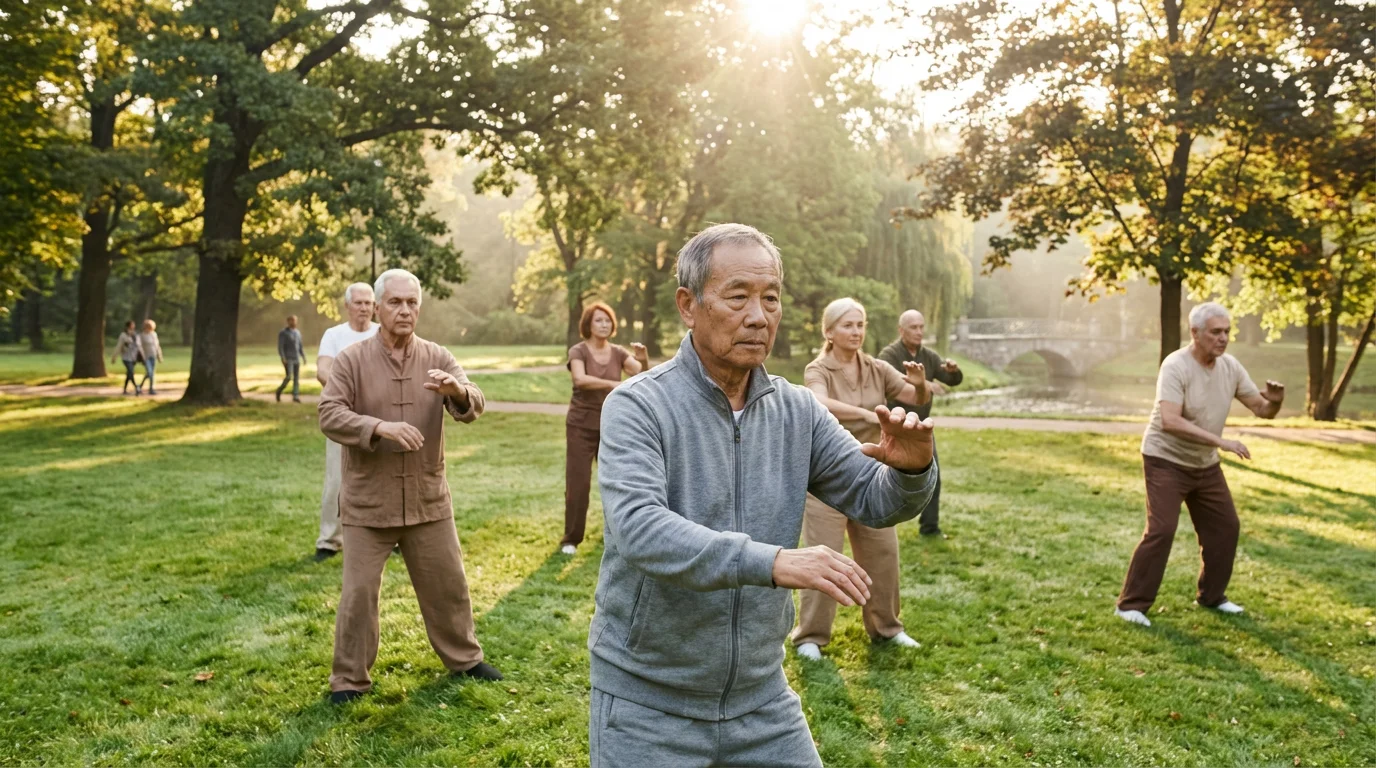 A diverse group of seniors practicing Tai Chi in a sunlit park at golden hour.