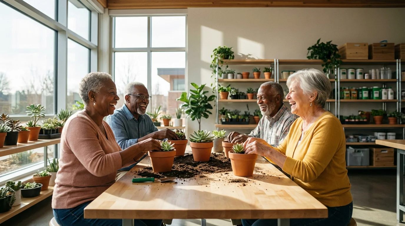 A diverse group of smiling seniors potting plants together in a bright, sunlit room.
