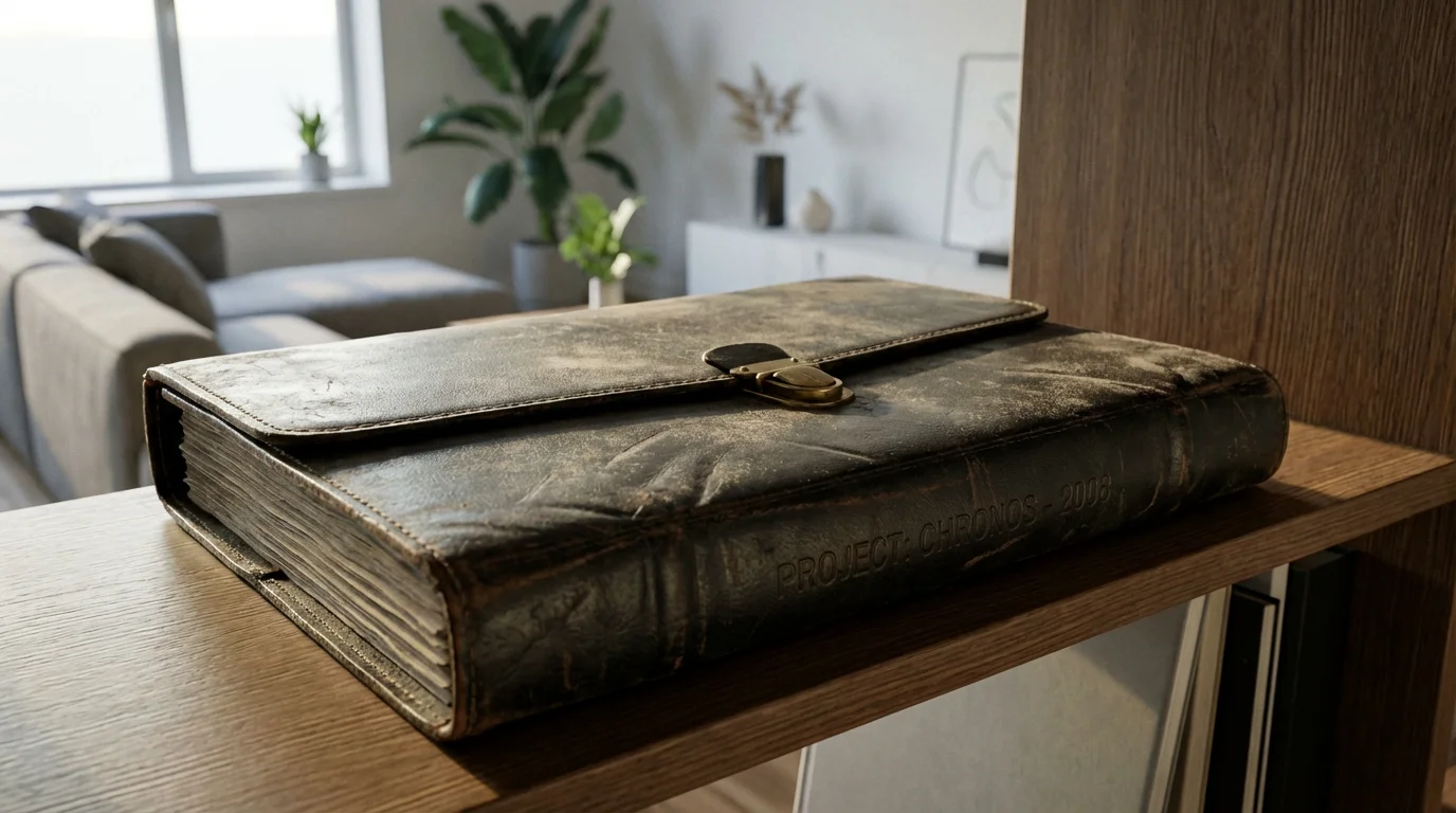 A dusty, old document folder sits neglected on a bookshelf in a modern home.