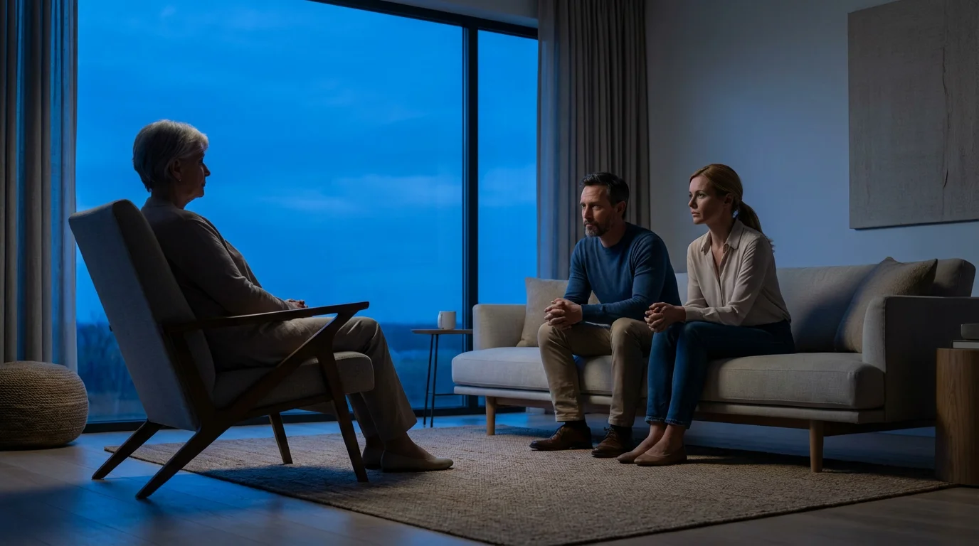 A family sits silently in a modern living room at dusk, showing emotional distance.