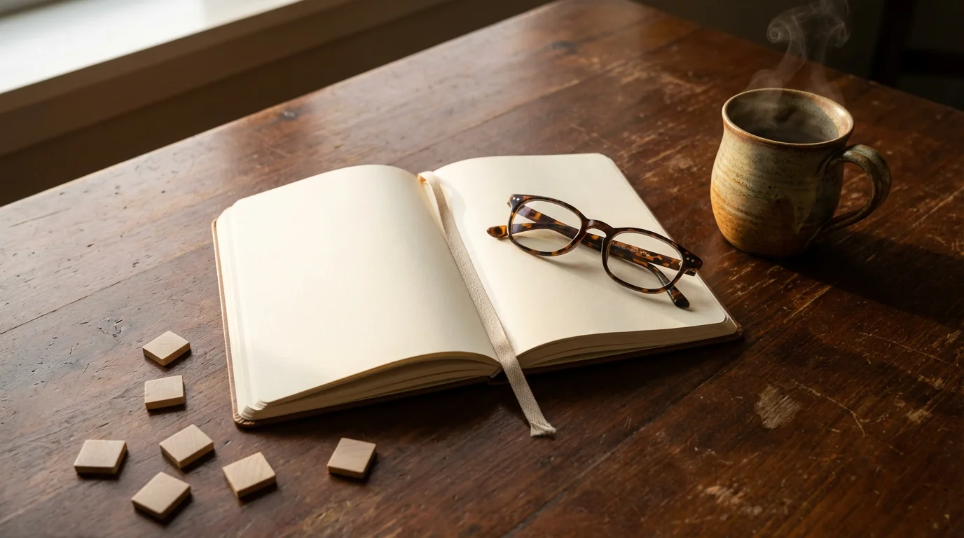 A flat lay of a book, glasses, and a mug, representing an independent senior lifestyle.